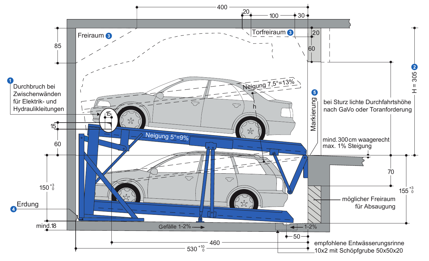 Originalschnitt des Swiss-Park S1.6 mit zwei Parkebenen, geneigten Plattformen und Maßangaben. Die Darstellung zeigt nicht die hier animierte Einfahrtsituation.